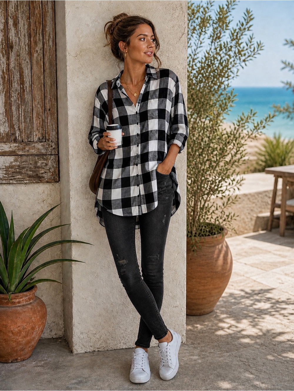 NWT Black and White Plaid Button-Up Shirt